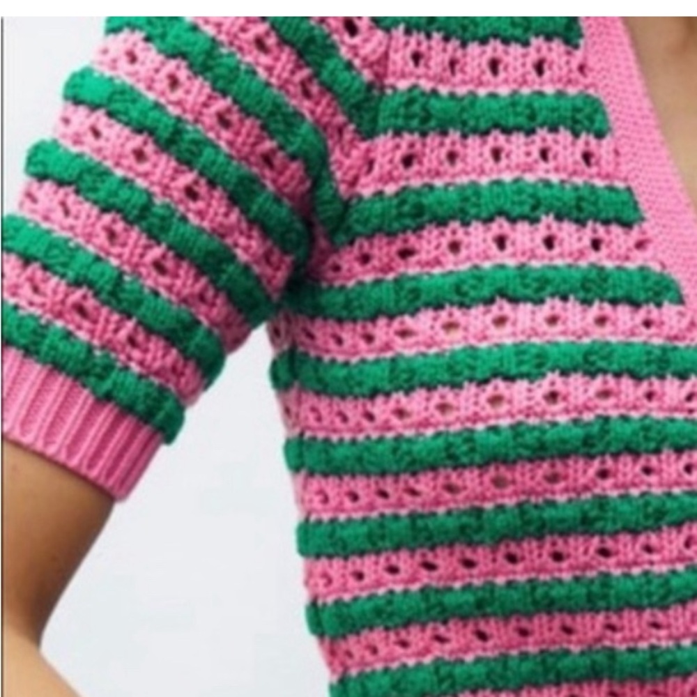 Zara Barbiecore Striped Green and Pink Cropped Cardigan Size S - Picture 2 of 2